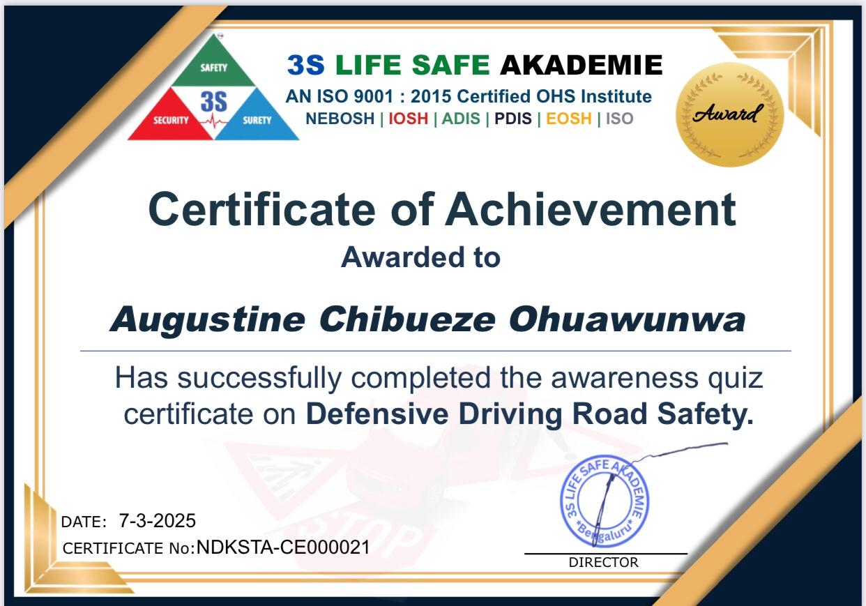 Certificate in Defensive Driving Road Safety